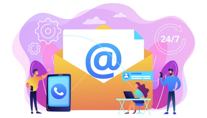 Email marketing, Internet chatting, 24 hours support. Get in touch, initiate contact, contact us, feedback online form, talk to customers concept. Bright vibrant violet vector isolated illustration